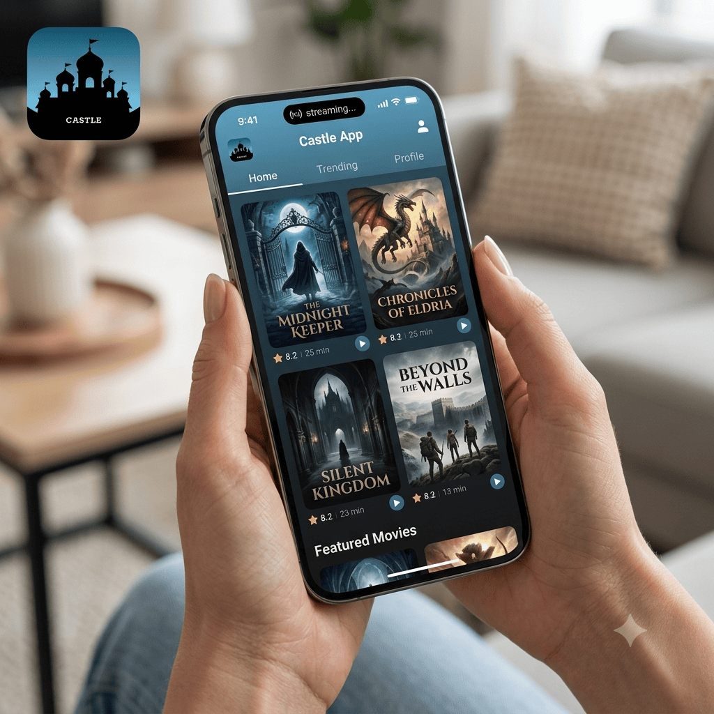 Castle App interface showing free HD movie streaming on Android